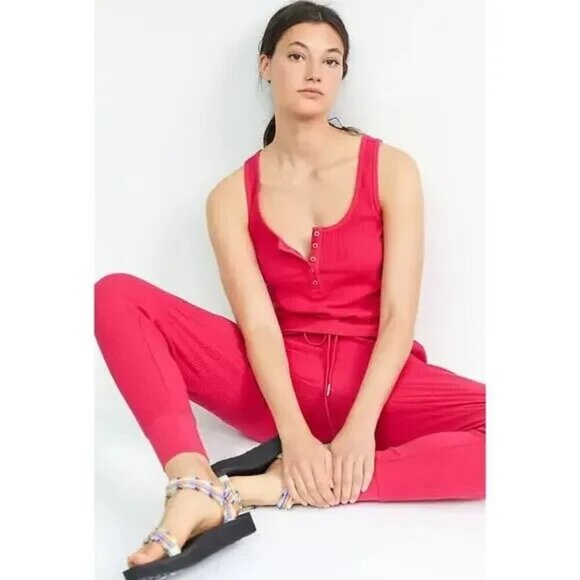 Anthropologie Daily Practice Henley Ribbed 2 Piece Lounge‎ Set Tank Joggers Pink - Picture 1 of 13